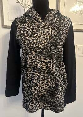 Renuar Women’s Leopard Print Sweatshirt Hood Tunic Black/Brown Small Athleisure